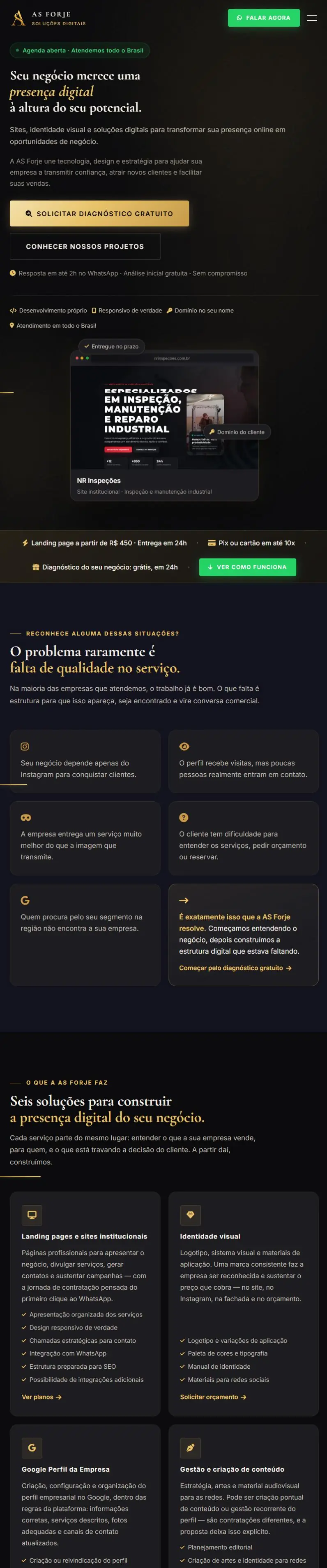 Site da AS Forje: capa preta e dourada com o pedido de diagnóstico gratuito, seção de problemas que resolve e os serviços