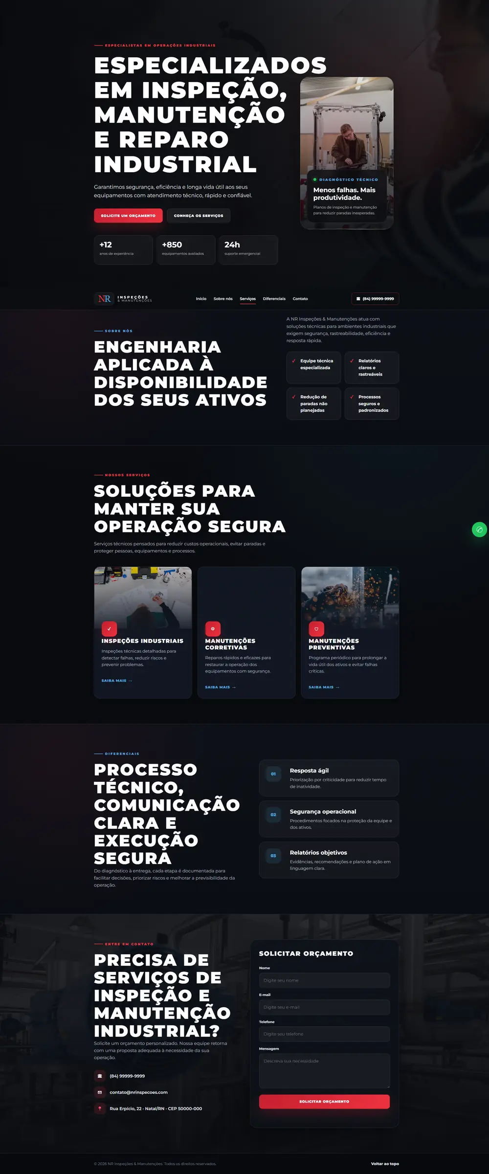 Site da NR Inspeções: página inteira, do topo com o título sobre inspeção industrial até o formulário de orçamento